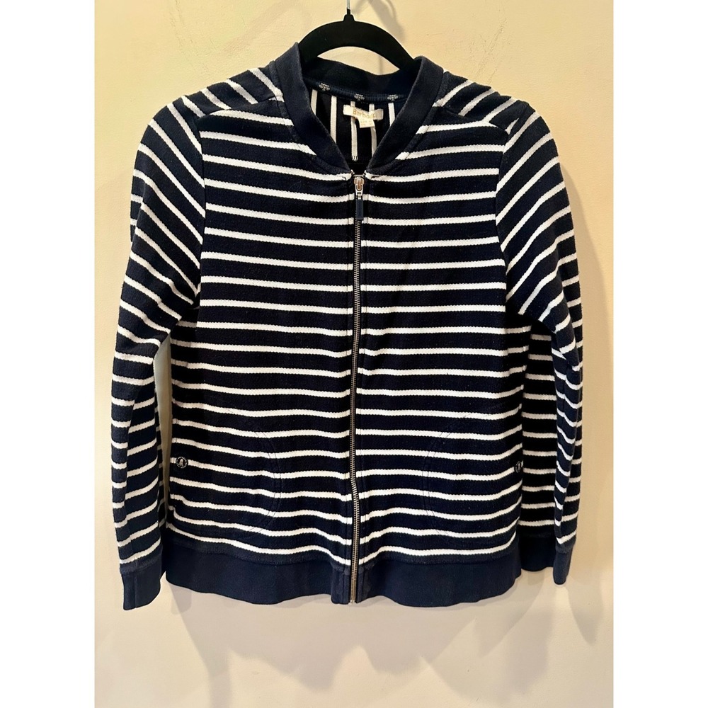 Barbour Seaward Overlayer Navy White Striped Full Zip Sweatshirt Nautical Sz 8